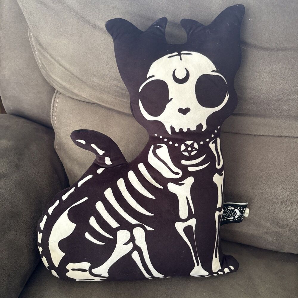 Killstar Skeleton Cat Decorative Pillow Plush Polyester Black & White